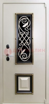 Белая стальная дверь с ковкой со стеклопакетом и МДФ ДК-30 в Котельниках