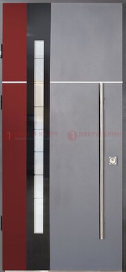 Серая входная дверь с порошковым окрасом и красной вставкой ДП-175 в Зеленограде