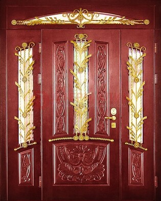 Бордовая железная парадная дверь со стеклом и ковкой ДПР-75 в Зеленограде