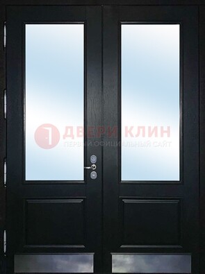 Черная двухстворчатая металлическая дверь со стеклом ДС-25 в Зеленограде