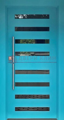 Голубая уличная дверь с МДФ панелью и стеклом ДС-51 в Зеленограде