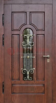 Cтальная дверь со стеклом и ковкой в коричневом цвете ДСК-119 в Зеленограде