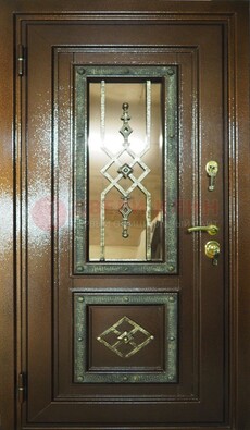 Теплая входная дверь со стеклом и ковкой разноцветной ДСК-13 в Зеленограде