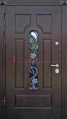 Металлическая дверь со стеклом и ковкой в цвете венге ДСК-142 в Зеленограде