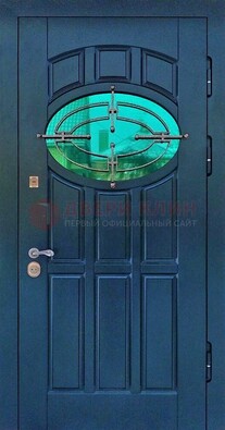 Синяя металлическая дверь со стеклом и ковкой ДСК-143 в Зеленограде