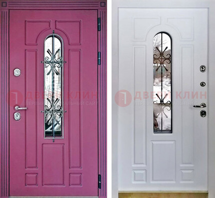 Розовая металлическая дверь со стеклом и ковкой ДСК-151 в Зеленограде