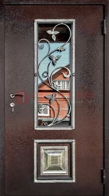 Коричневая стальная дверь порошок со стеклом и ковкой ДСК-163 в Зеленограде
