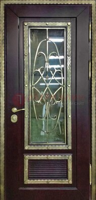 Темная уличная дверь порошок со стеклом и ковкой ДСК-167 в Зеленограде