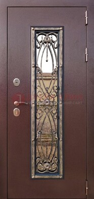 Коричневая стальная дверь порошок со стеклом и ковкой для дома ДСК-169 в Курске
