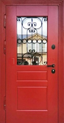 Красная железная дверь Винорит со стеклом и ковкой ДСК-205 в Зеленограде