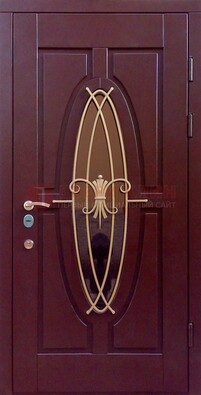 Бордовая стальная дверь Винорит со стеклом и ковкой ДСК-263 в Зеленограде