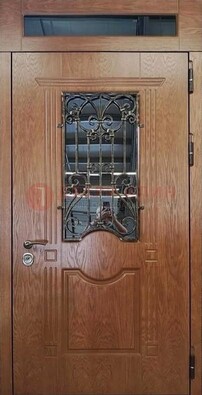 Металлическая входная дверь со стеклом и ковкой для дома ДСК-96 в Зеленограде