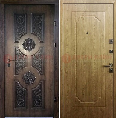Железная коричневая дверь с виноритом и Золотой дуб внутри ДВТ-101 в Зеленограде
