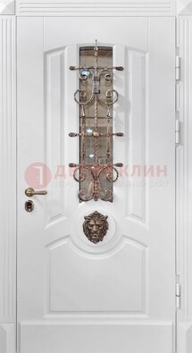 Белая металлическая дверь с виноритом и стеклом с ковкой ДВТ-165 в Зеленограде