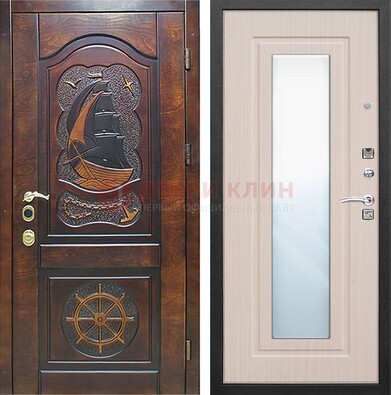 Темная уличная дверь с резьбой и зеркалом внутри ДЗ-49 в Зеленограде