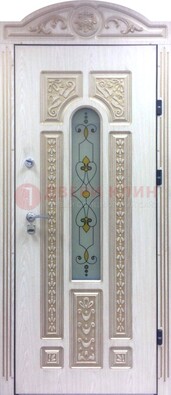 Белая железная дверь с МДФ и витражом ВЖ-26 в Зеленограде