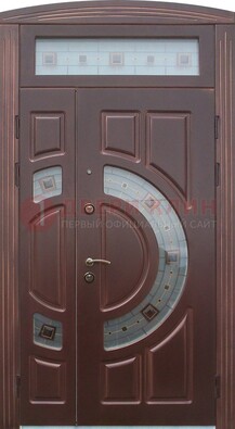 Коричневая двухстворчатая железная дверь с МДФ и витражом ВЖ-29 в Зеленограде