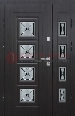 Чёрная двухстворчатая железная дверь с МДФ и витражом ВЖ-35 в Зеленограде