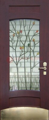 Бордовая стальная дверь с витражом и декоративным элементом ВЖ-3 в Зеленограде